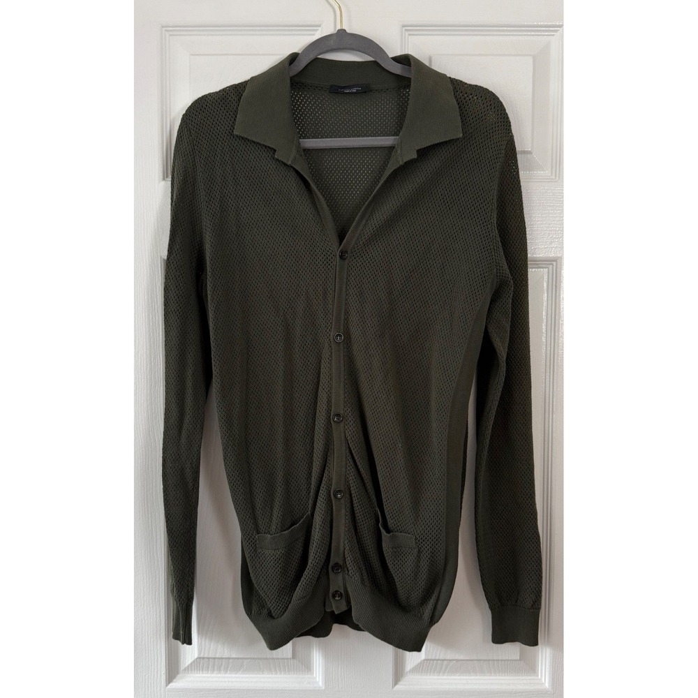 Roberto Collina Mens Olive Green Mesh Pointelle Cotton Cardigan Sweater Italy 50